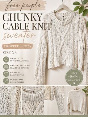 Free People Cream Chunky Cable Knit Cropped Sweater Size XS